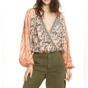 Free People|Cruisin Together Boho mixed print crop top,tribal floral long sleeve